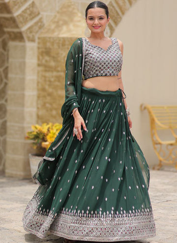 Glamorous Green Mehndi Function Georgette Embroidered Lehenga Choli